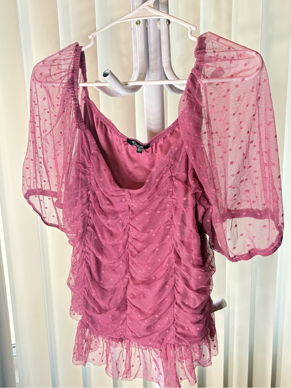Willow Dusty Rose Puff Sleeve Ruched Mesh Blouse